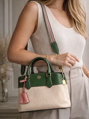 Tory Burch Robinson Canvas Small Triple-Compartment Tote Satchel 2 Straps